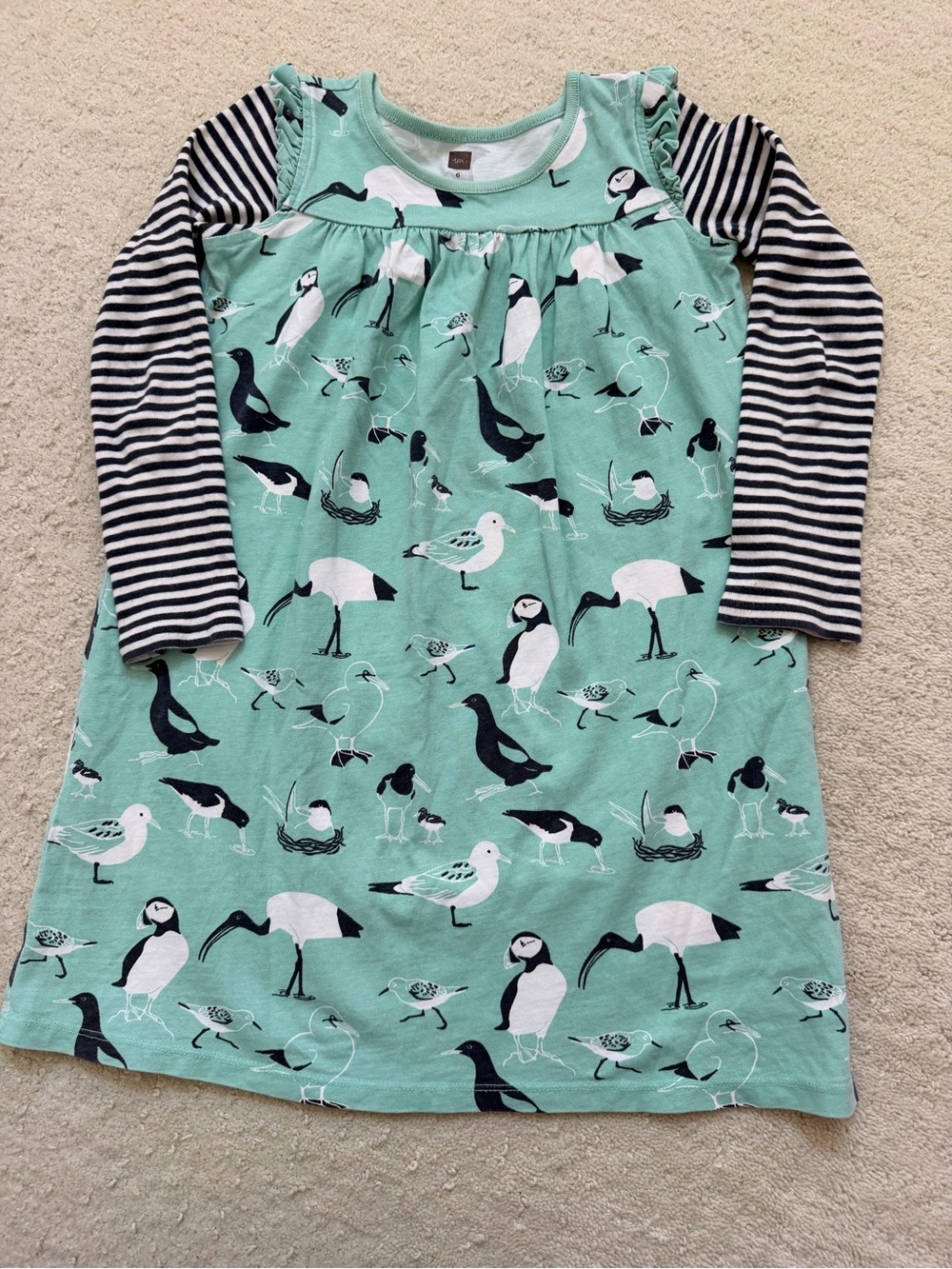 Tea Collection Seabird Print Dress with Striped Sleeves